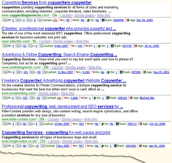 Google results for copywriting services