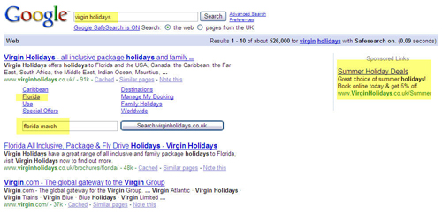 virgin holidays brand search result highlighted