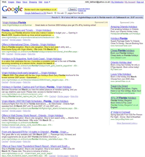 virgin holidays search in search results highlighted