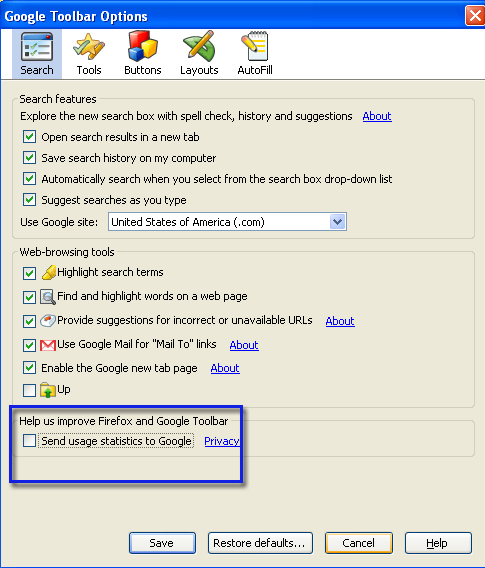 Google Toolbar: Disable sending usage statistics