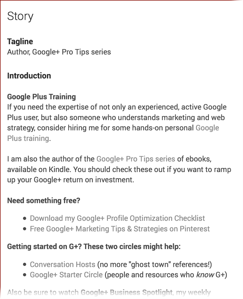 Stephan Hovnanian's G+ About page is one more example of the perfect structure